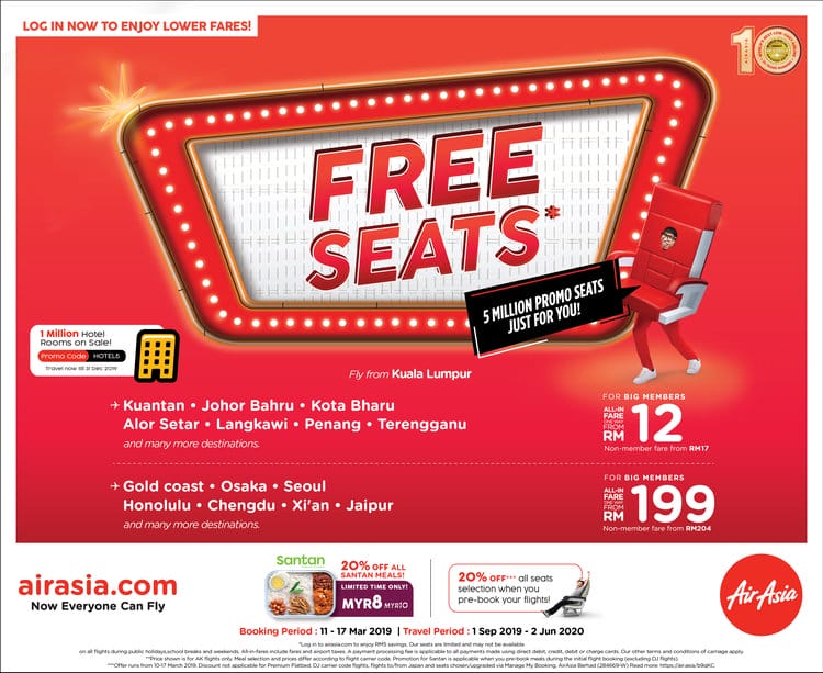 AirAsia 5 Million Free Seats Promotion From RM12