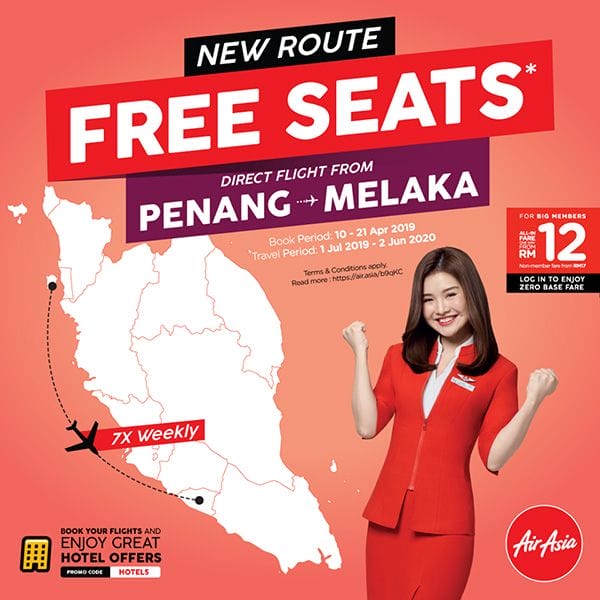 AirAsia Penang to Melaka Free Seats Promo from RM12