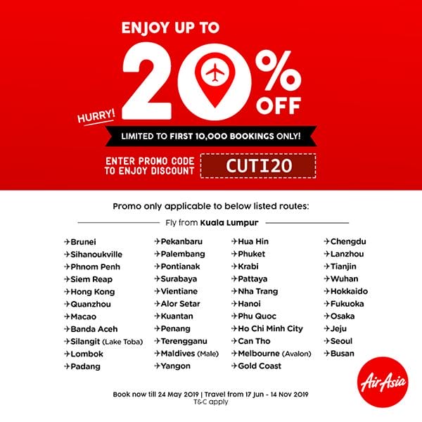 Airasia 20% Off for First 10,000 Bookings Promotion
